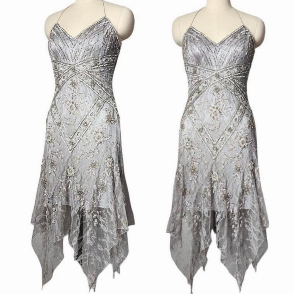 Vintage Y2k Beaded Dress Vintage Sue Wong Dress Silver Lace Fairy Dress Prom
